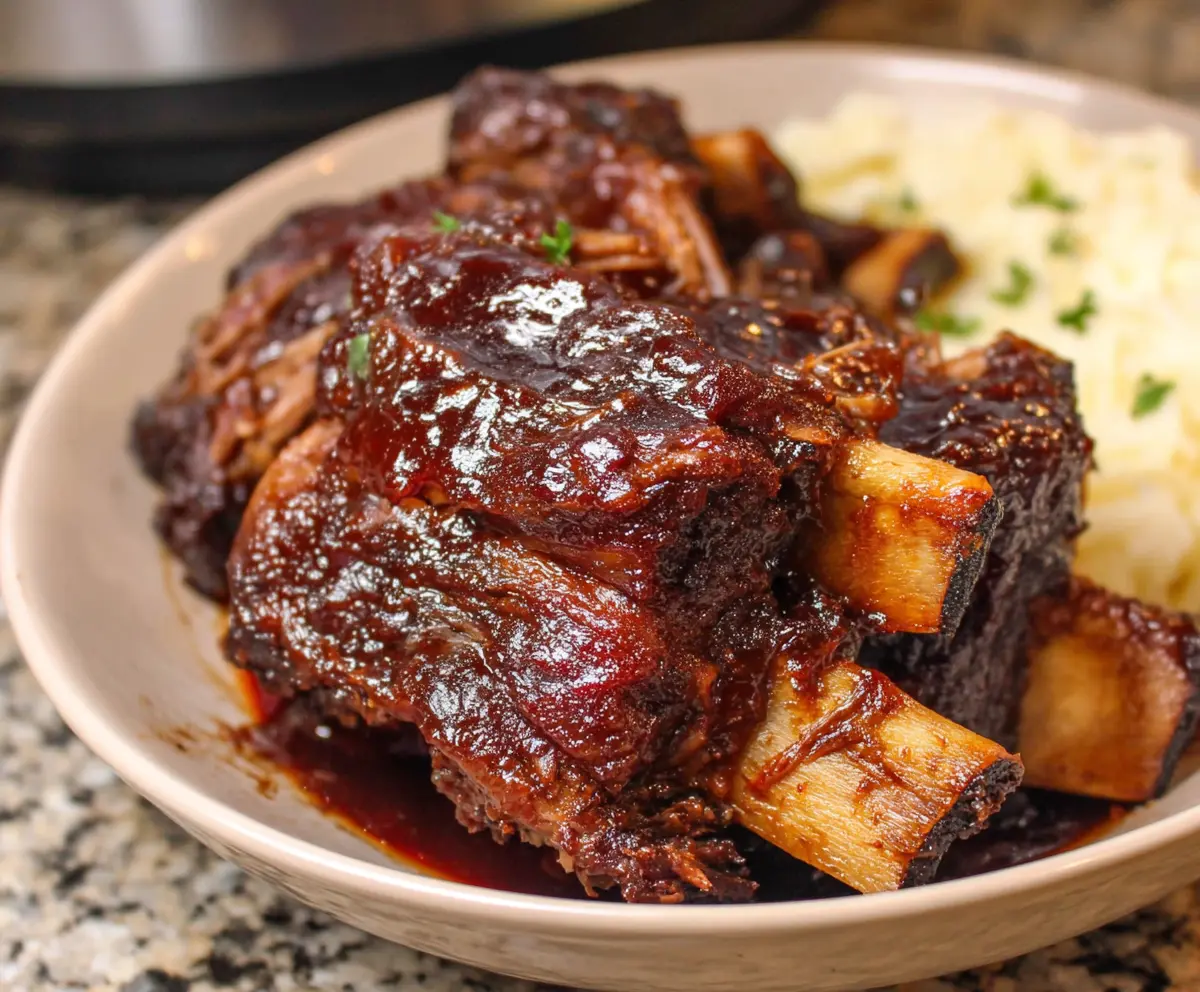 Juicy Crockpot BBQ Beef Ribs served on a plate with BBQ sauce and garnished with fresh herbs.