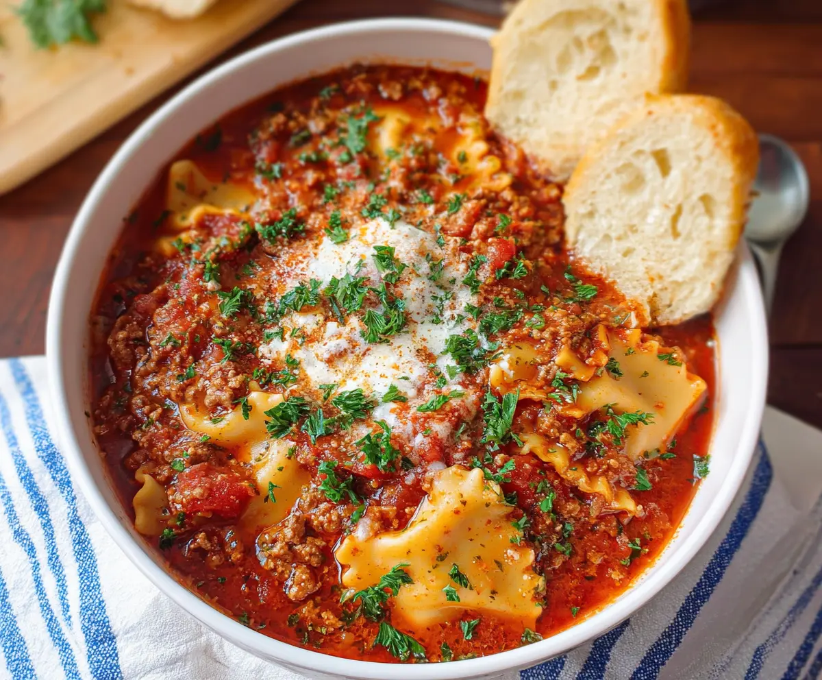 Delicious Crockpot Lasagna Soup in a bowl with melted cheese and fresh herbs