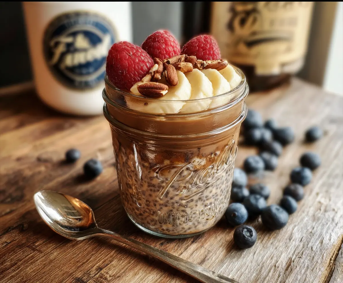 Creamy Faux Joe Coffee Overnight Oats topped with chocolate shavings and a coffee bean for a delicious breakfast.