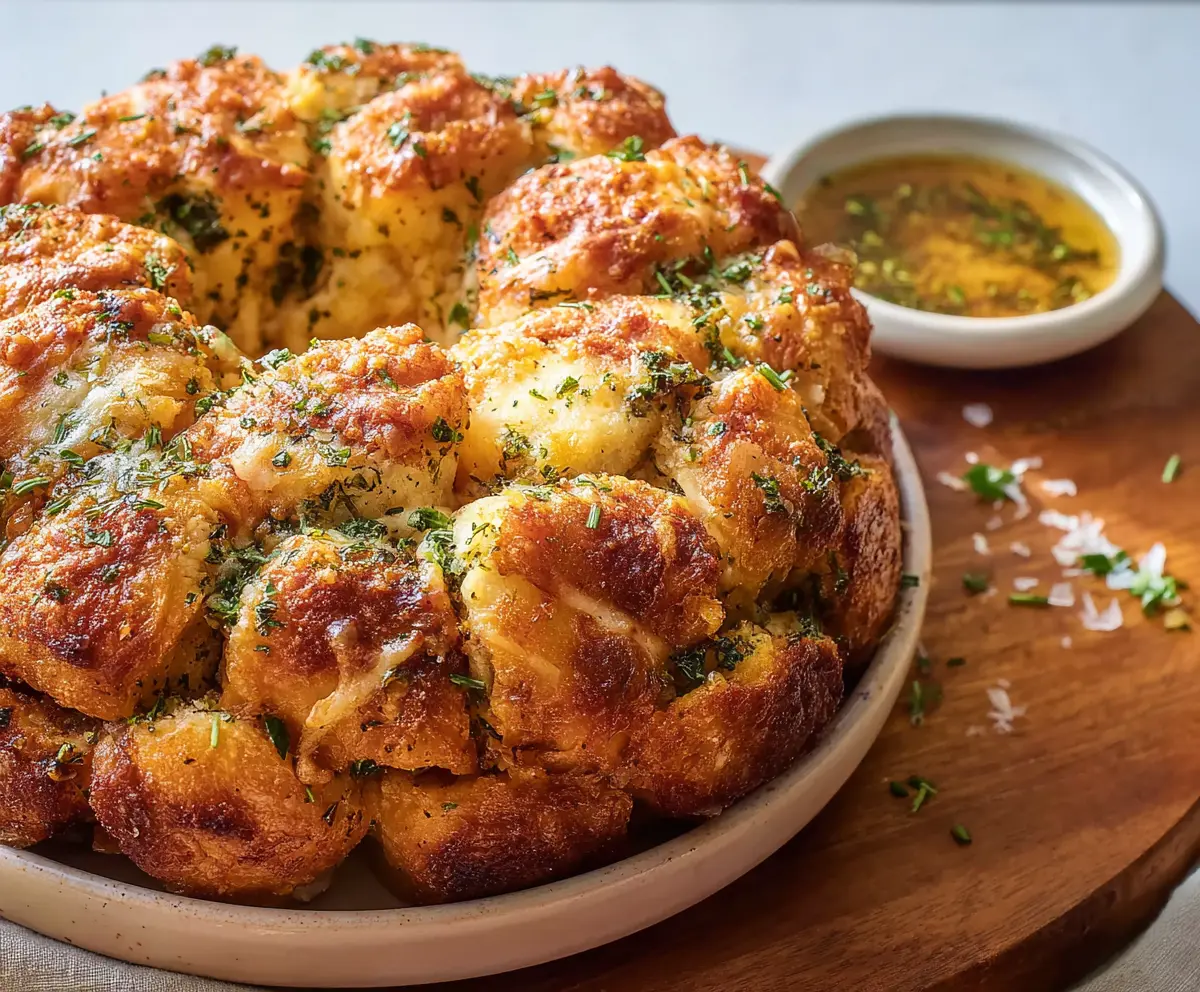 Delicious Garlic Parmesan Monkey Bread with melted cheese and fragrant garlic, served in a golden baking dish.