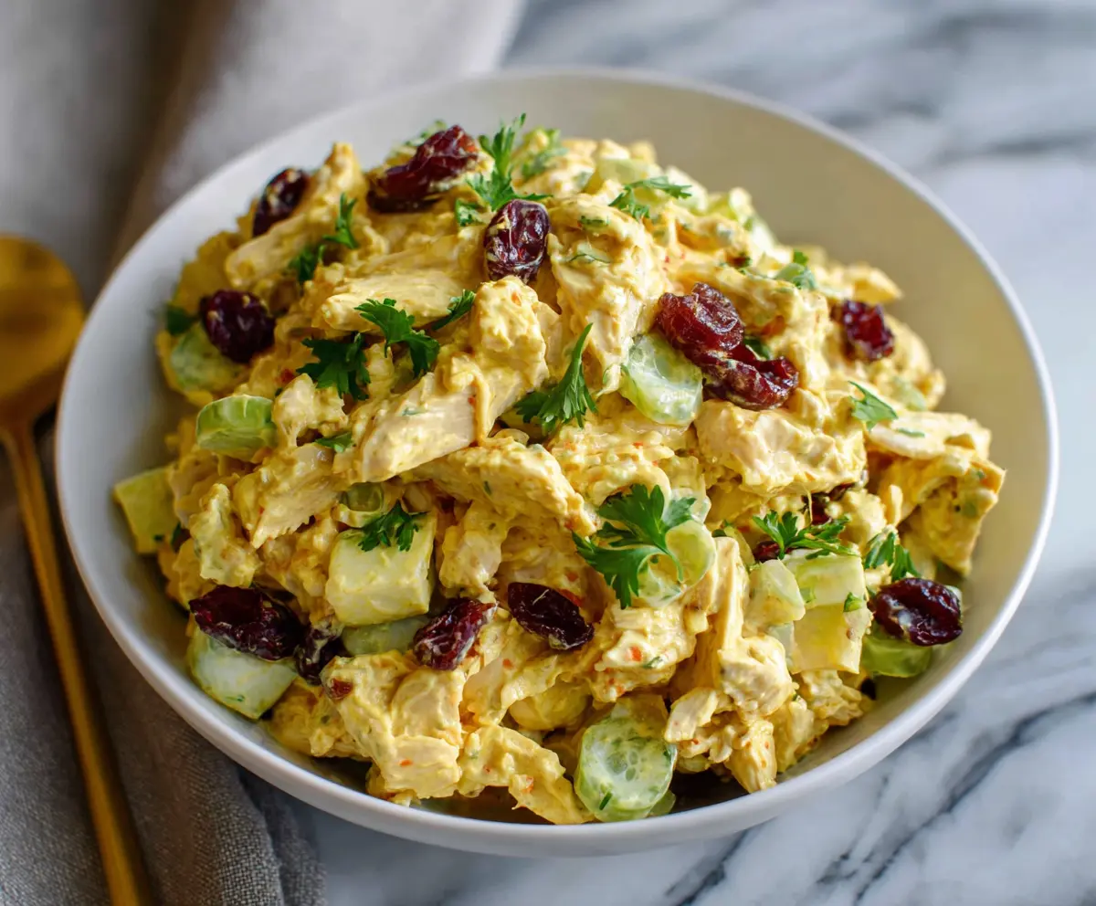Creamy Greek Yogurt Curry Chicken Salad with fresh herbs and spices in a bowl.