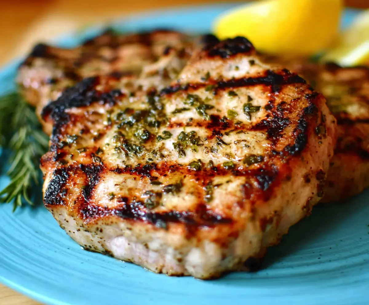 Juicy grilled lemon herb pork chops on a plate with fresh herbs and lemon slices.