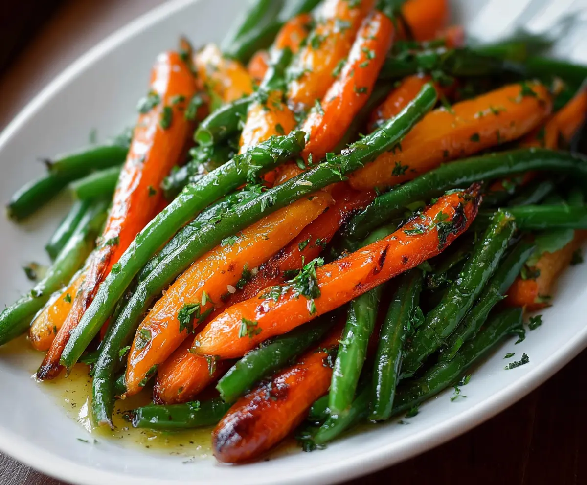 Delicious honey glazed carrots and fresh green beans served as a healthy side dish.