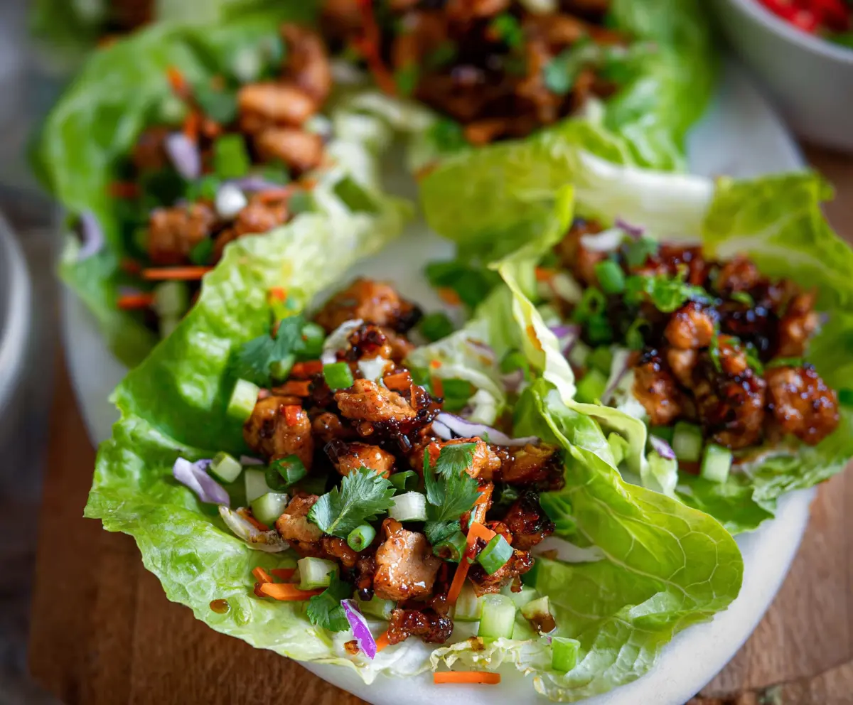 Delicious Hot Honey Chicken Lettuce Wraps served on a plate with fresh greens