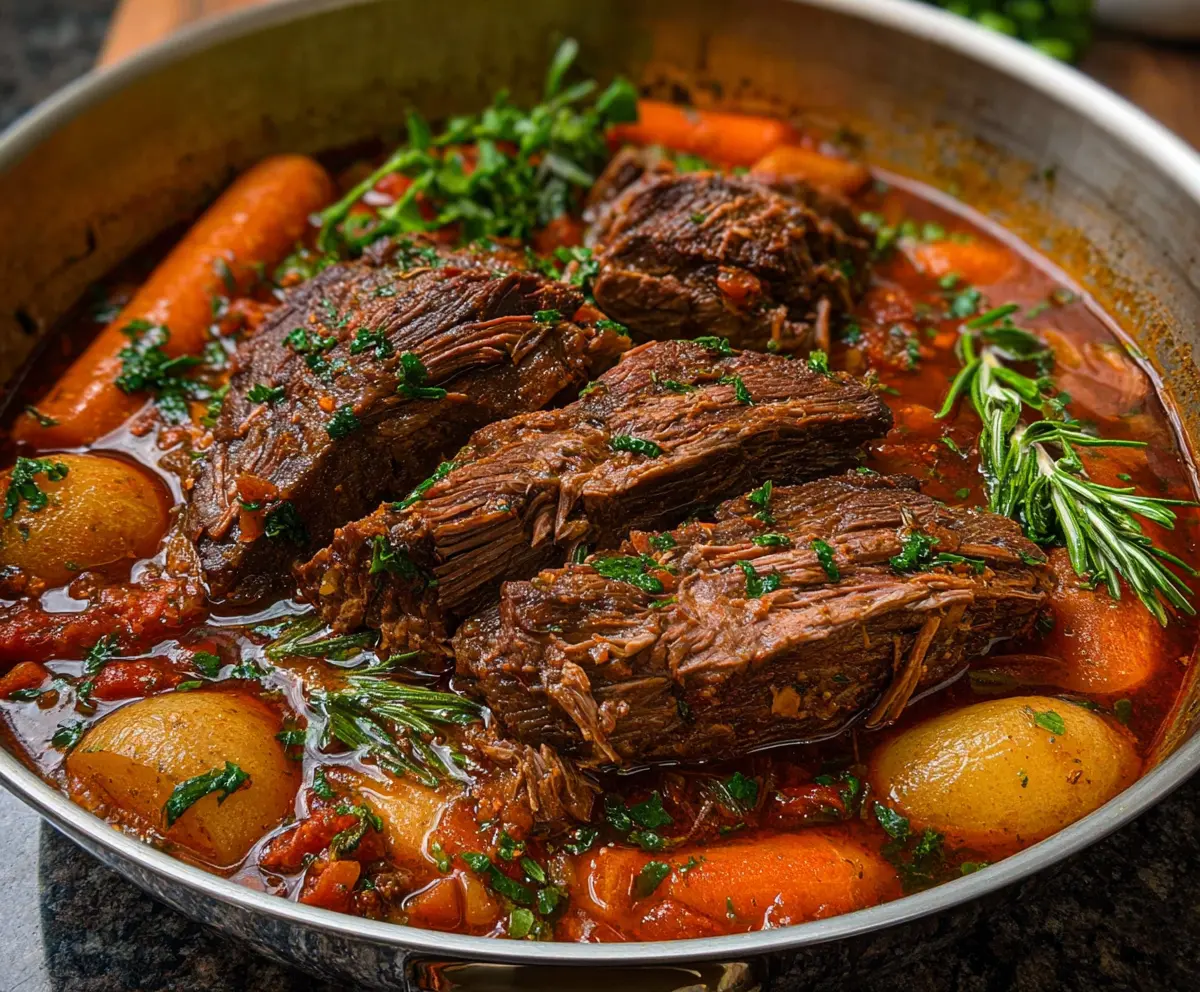 Delicious Italian Pot Roast (Straccato) served with fresh herbs and vegetables.