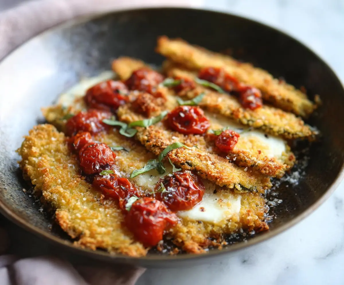 Crispy baked eggplant parmesan with melted cheese and fresh herbs on a plate.