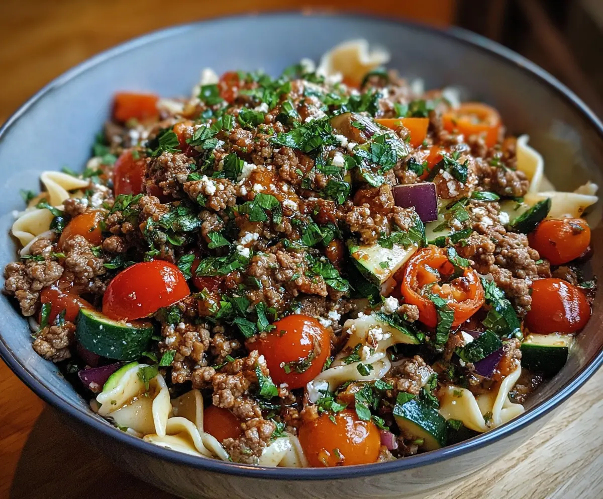 Mediterranean Ground Beef Stir-Fry with colorful vegetables and herbs on a plate