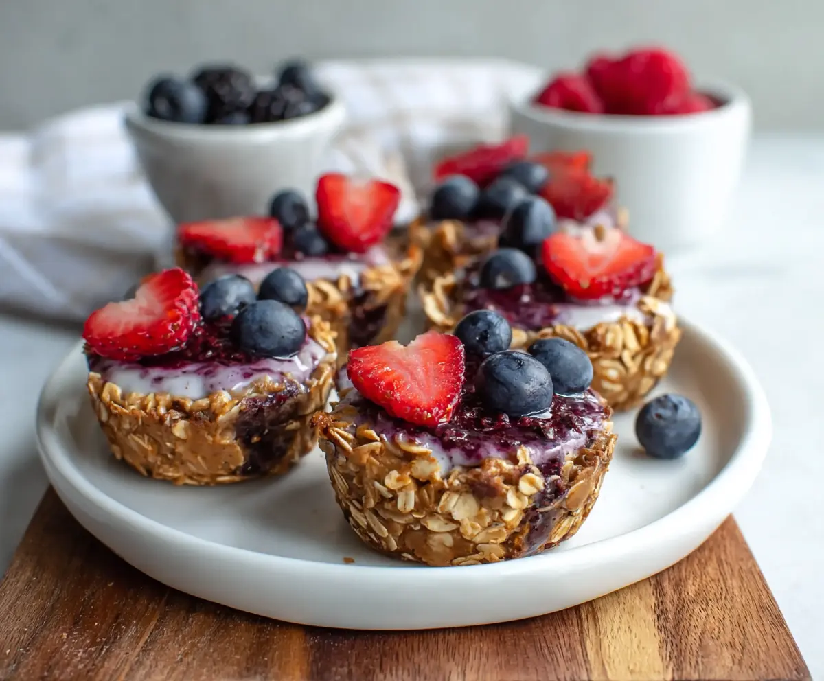 Healthy oatmeal cups topped with acai yogurt for a nutritious breakfast.
