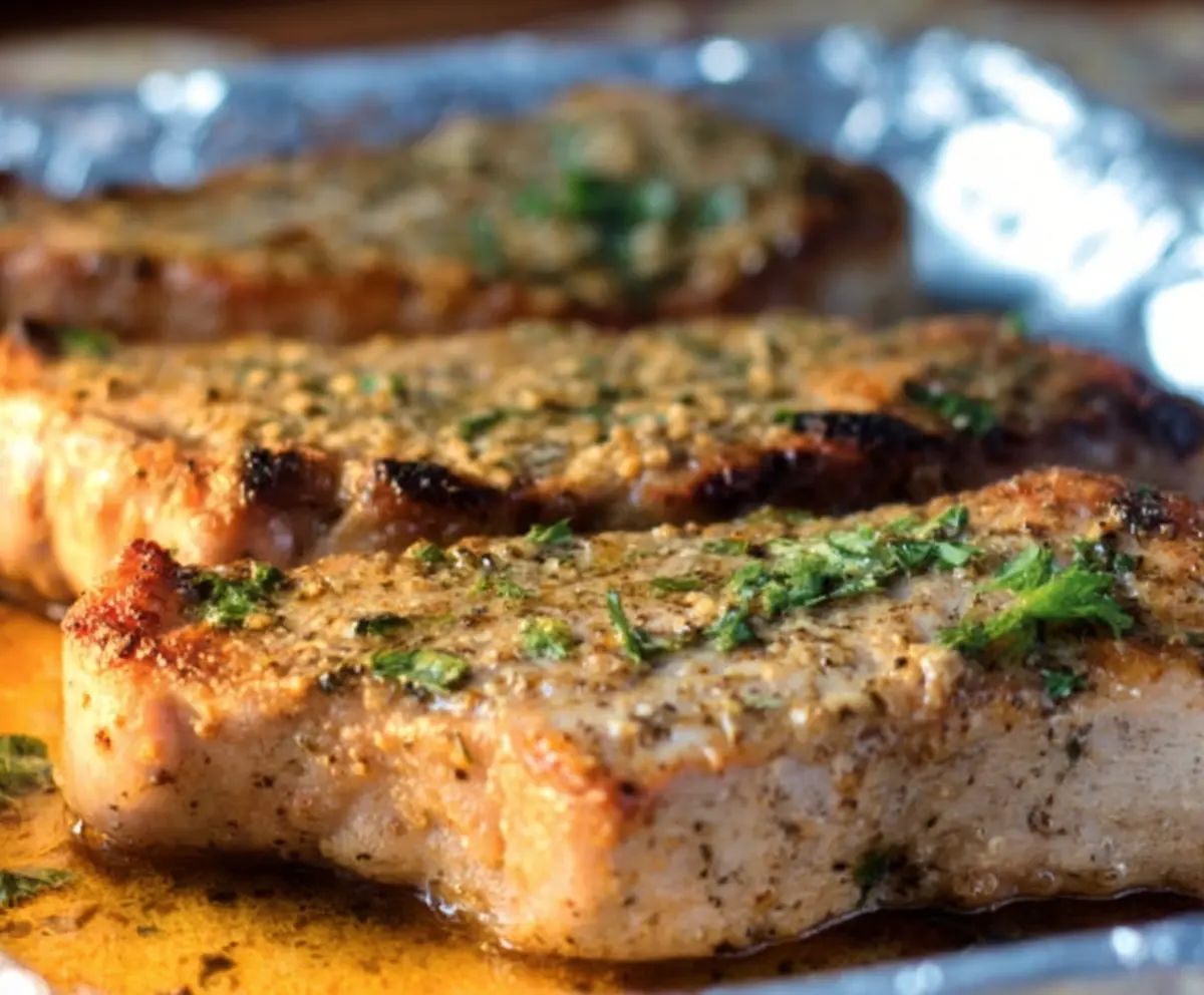 Juicy oven-baked ranch pork chops served with fresh vegetables on a white plate.