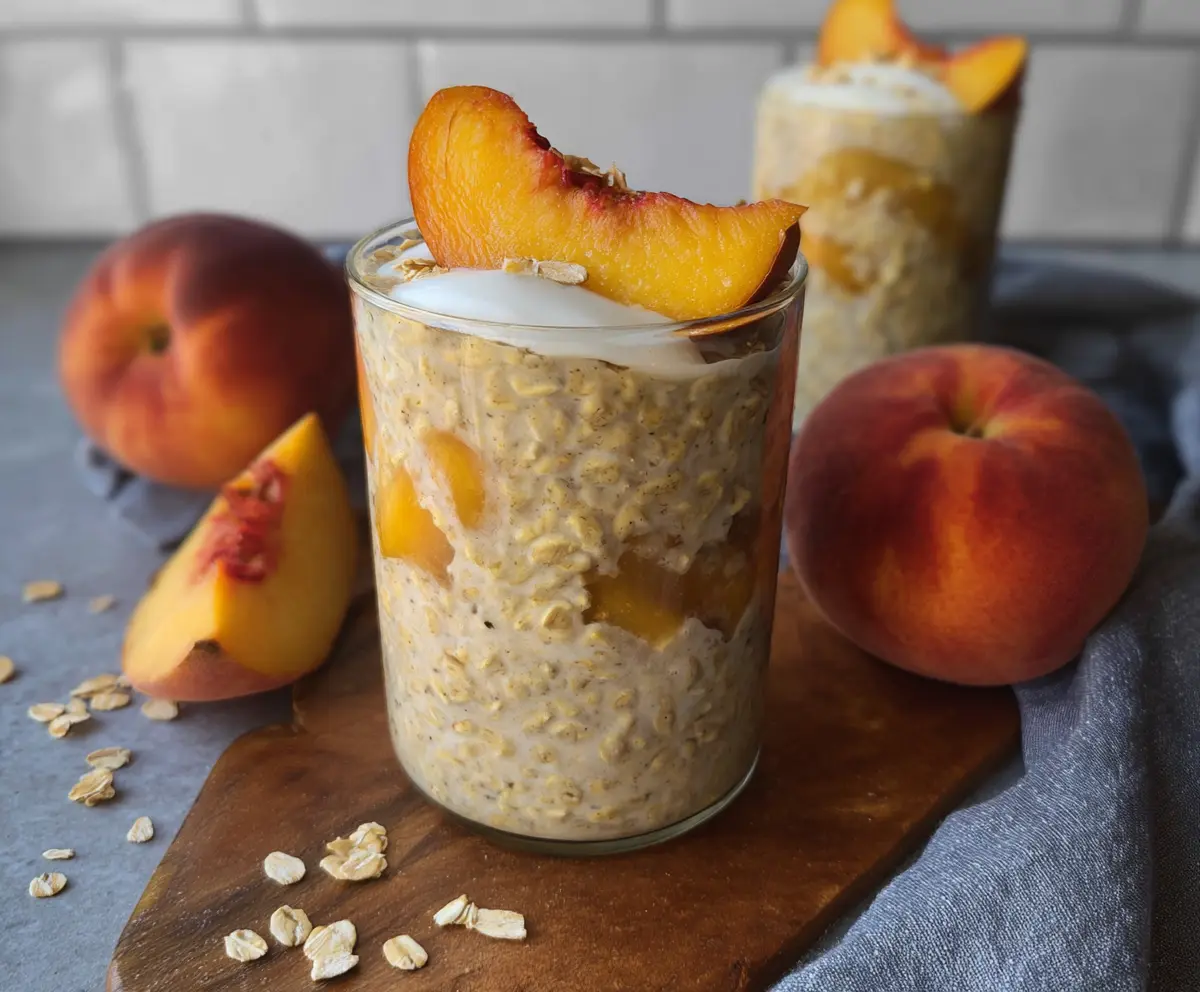 Delicious peaches and cream overnight oats in a jar, topped with fresh peach slices and cream for a healthy breakfast.