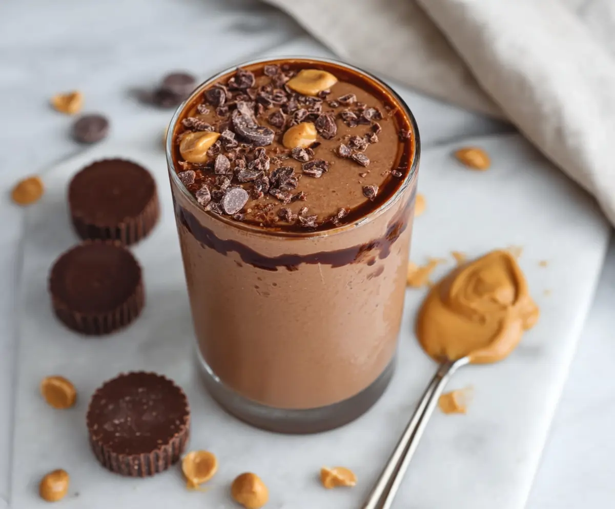 Creamy peanut butter cup smoothie in a glass topped with whipped cream and chocolate shavings.