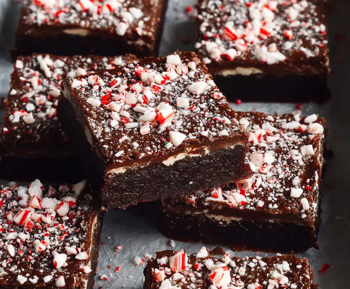 Decadent peppermint brownies with a rich, fudgy texture topped with crushed peppermint candies.