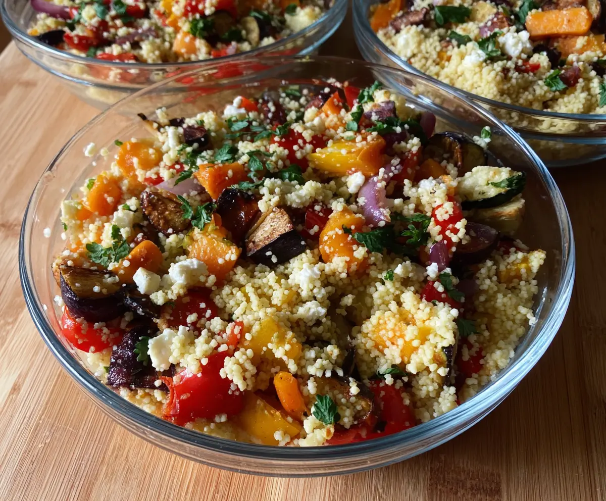 Colorful roast vegetable couscous salad with vibrant vegetables and fluffy couscous for a healthy meal.