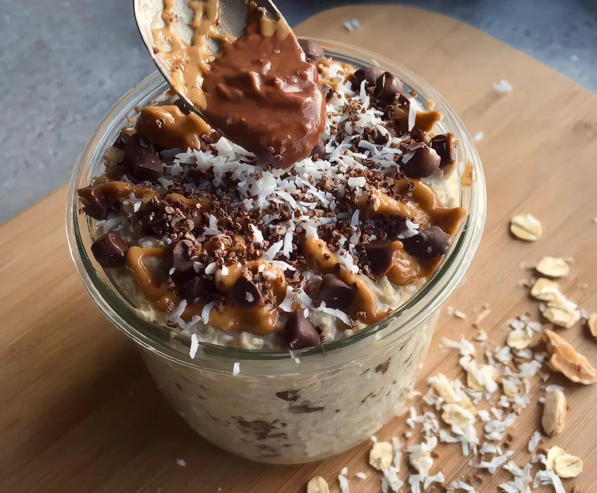 Delicious Samoa Cookie Overnight Oats topped with shredded coconut and chocolate drizzle.
