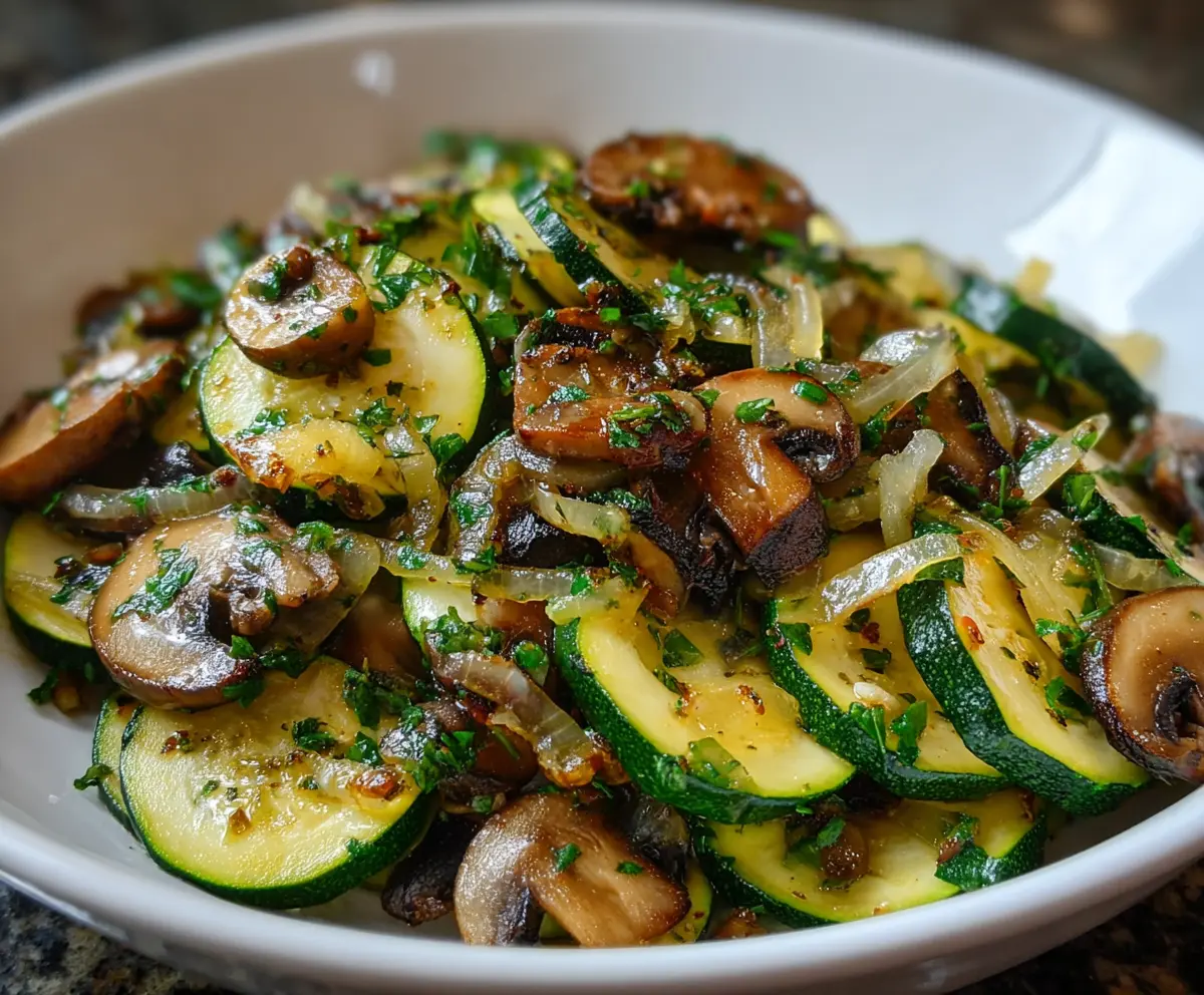 Delicious sautéed zucchini, mushrooms, and onions served on a plate, perfect for a healthy side dish.