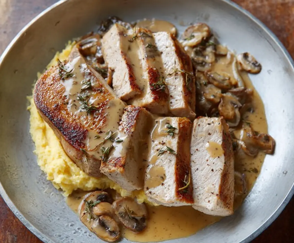 Savory skillet pork chops served with creamy pan gravy on a rustic plate.