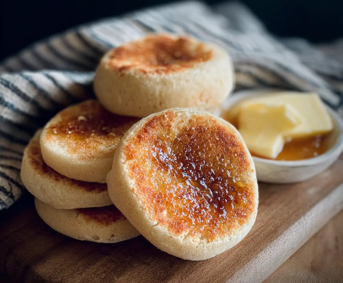 Delicious homemade sourdough English muffins with golden crust slices served on a rustic plate.