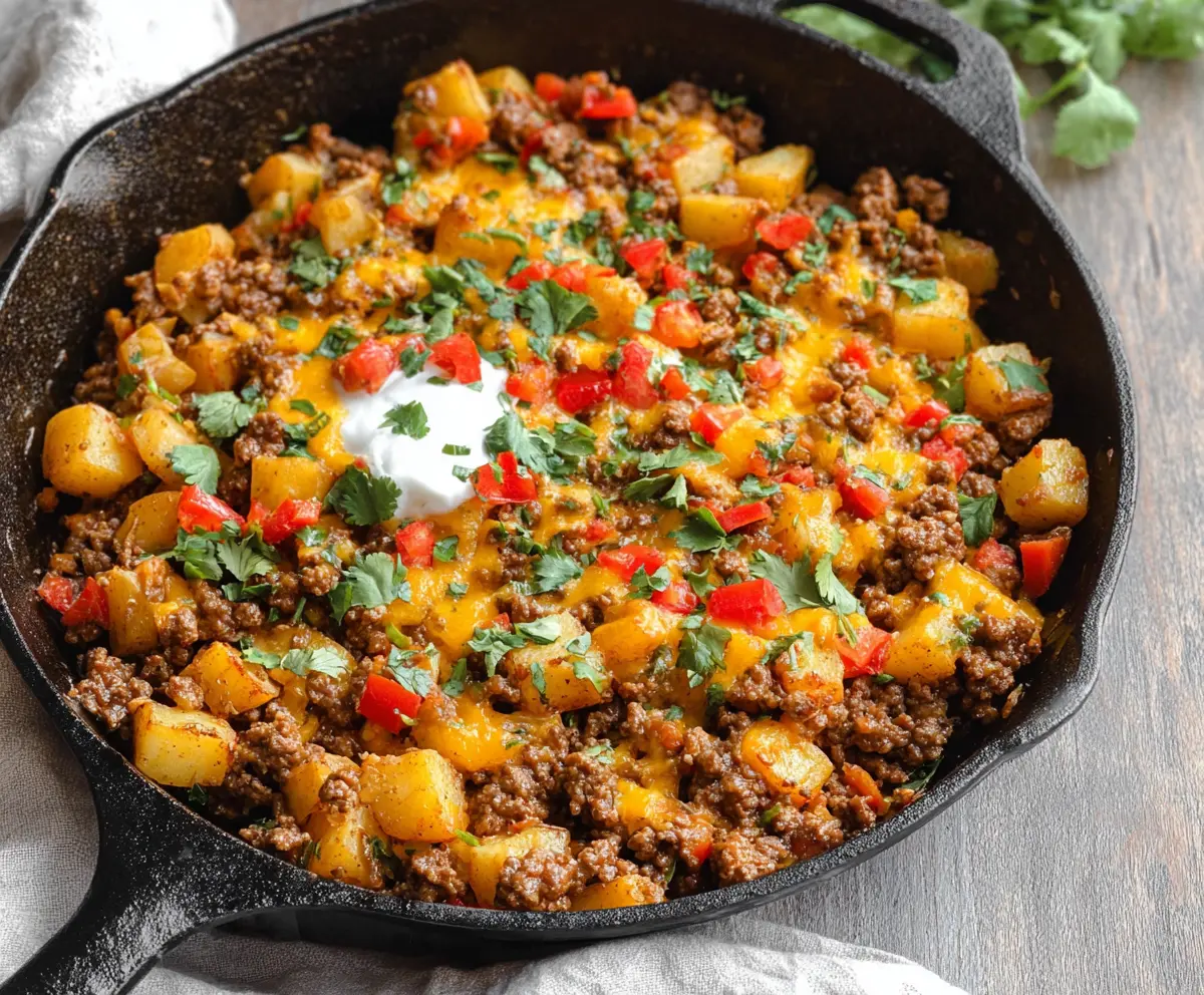 Delicious Southwest Ground Beef and Potato Skillet with peppers and melted cheese