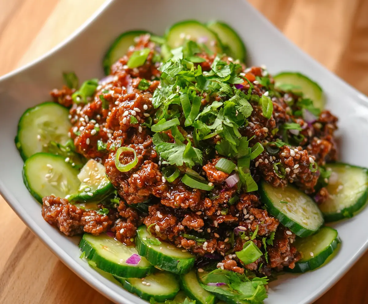 Spicy Keto Korean Ground Beef with Cucumber Salad