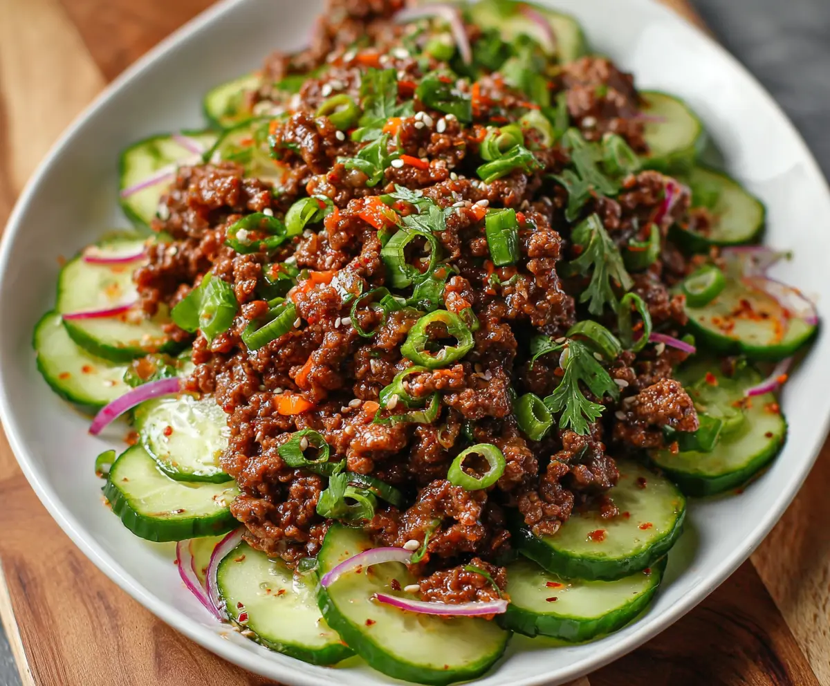Delicious spicy keto Korean ground beef served with fresh cucumber salad for a low-carb meal.