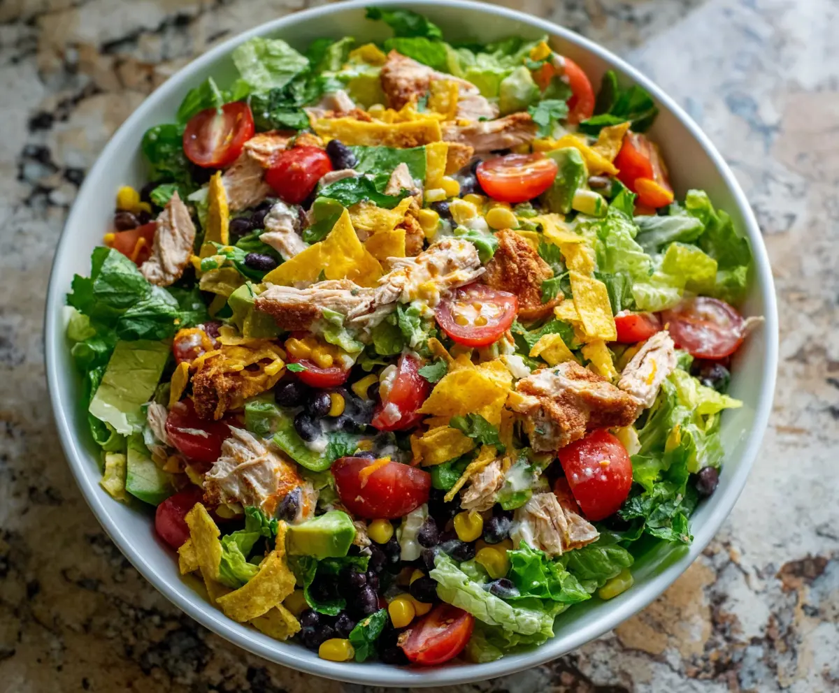 Delicious Taco Chicken Salad with fresh vegetables and flavorful toppings