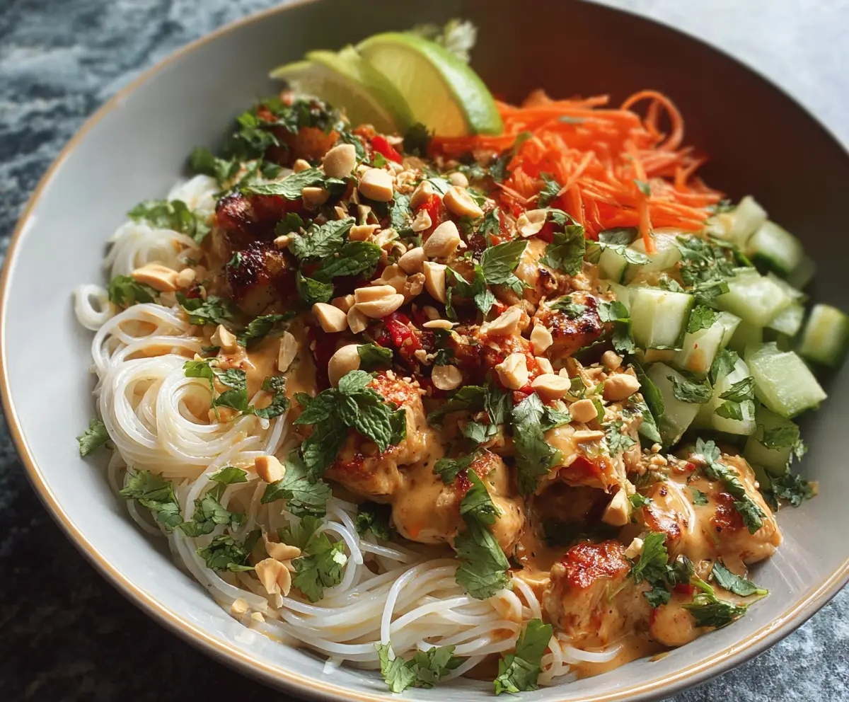 Delicious Thai Peanut Chicken Noodle Bowls topped with fresh herbs and crunchy vegetables.