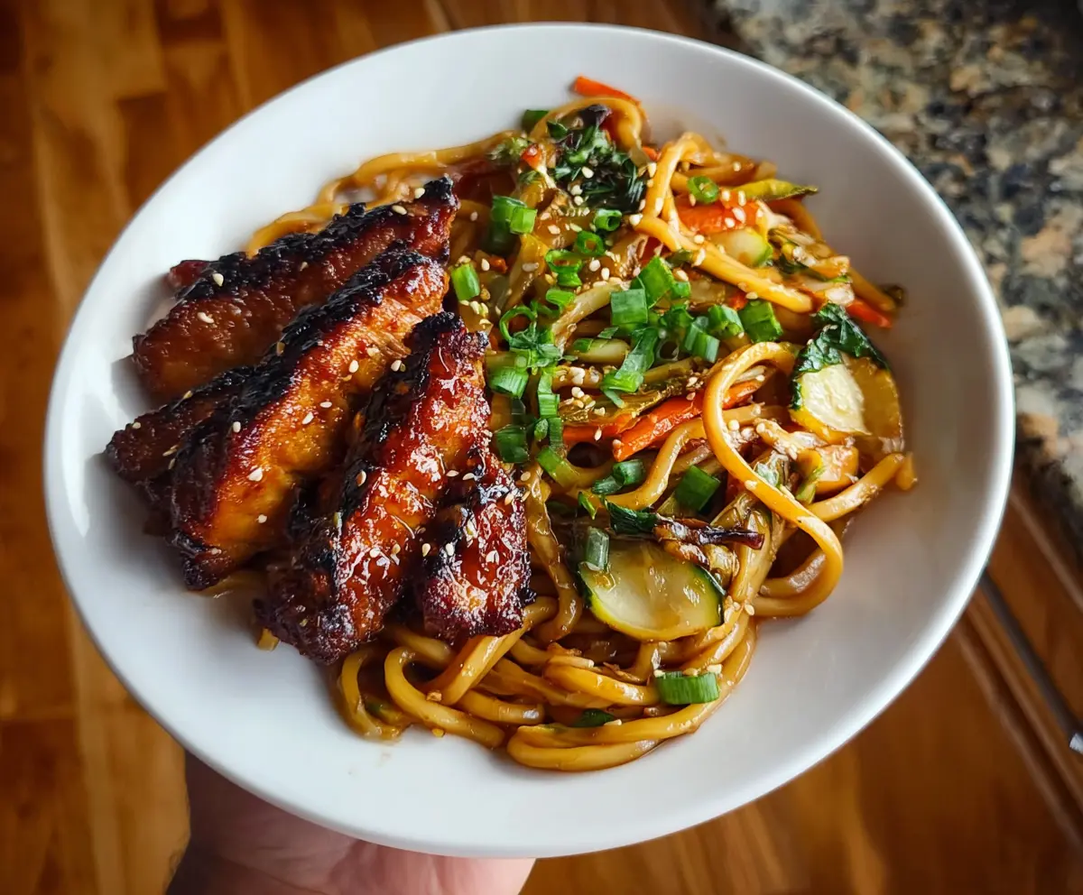 Veggie Udon + Sticky Glazed Pork Chops