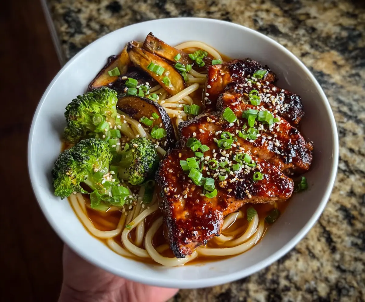 Delicious Veggie Udon noodles paired with flavorful sticky glazed pork chops in a vibrant dish.