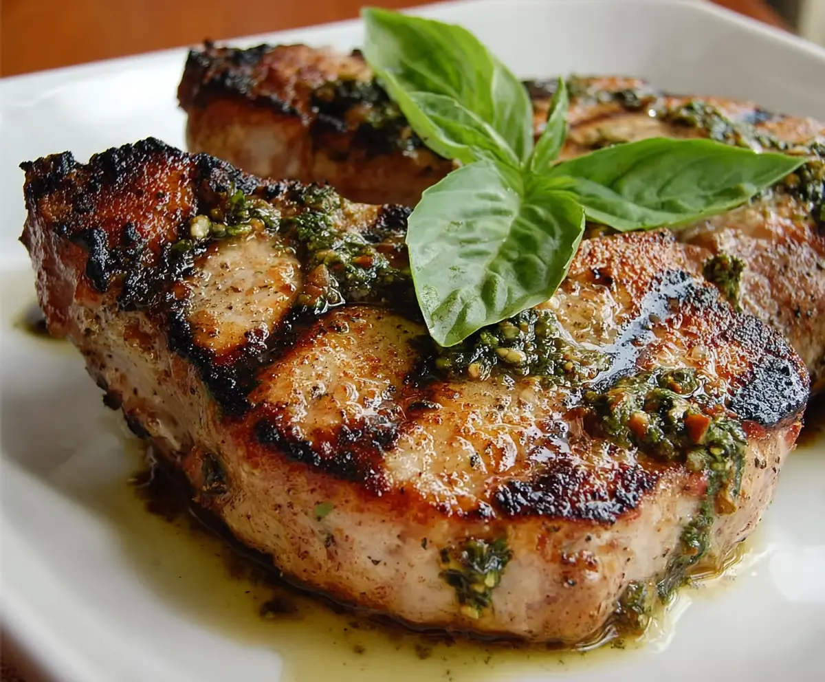 Juicy basil-garlic grilled pork chops on a plate, garnished with fresh herbs and served with vegetables.