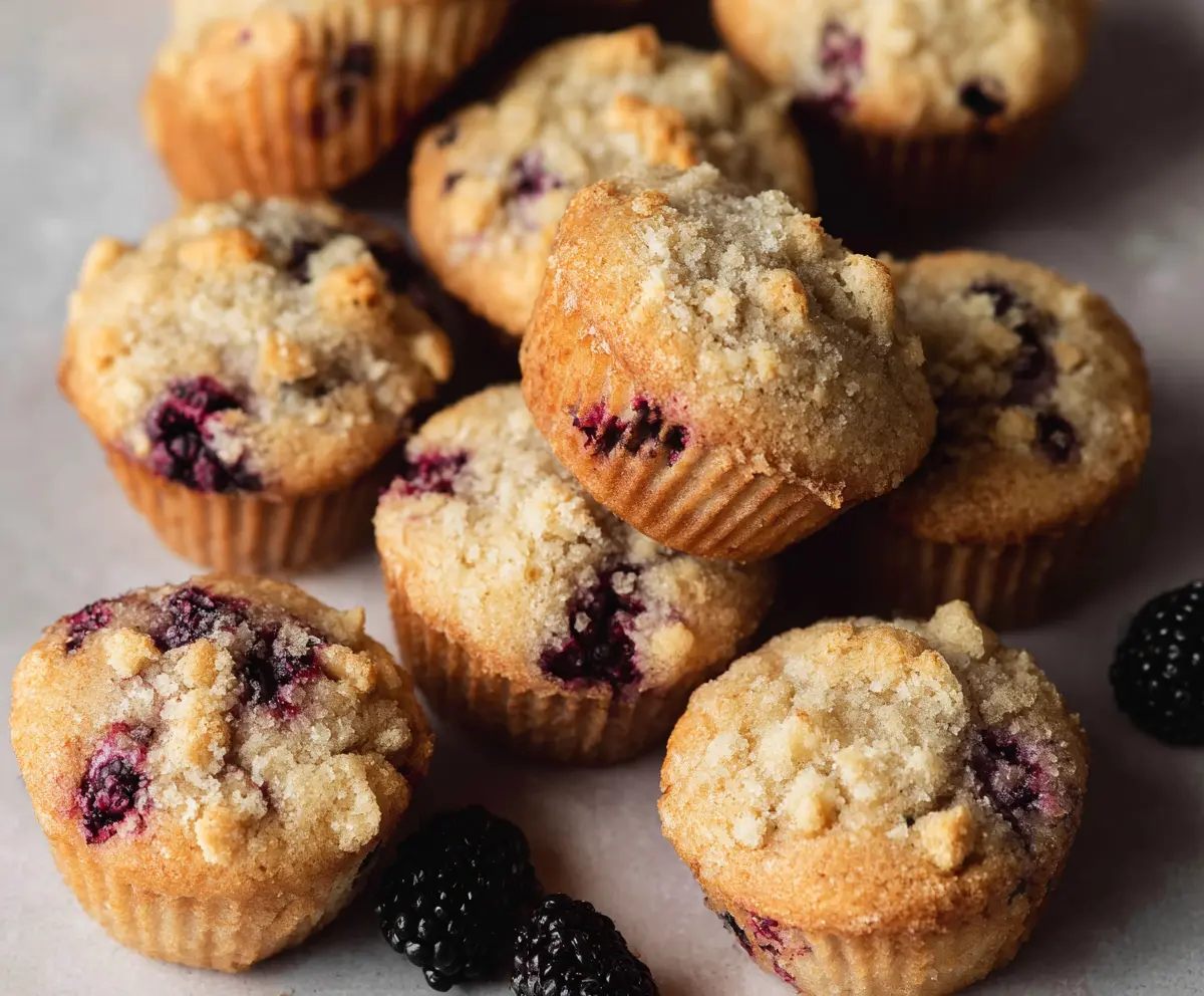 Delicious homemade blackberry muffins fresh out of the oven, showcasing juicy blackberries in moist muffin cups.