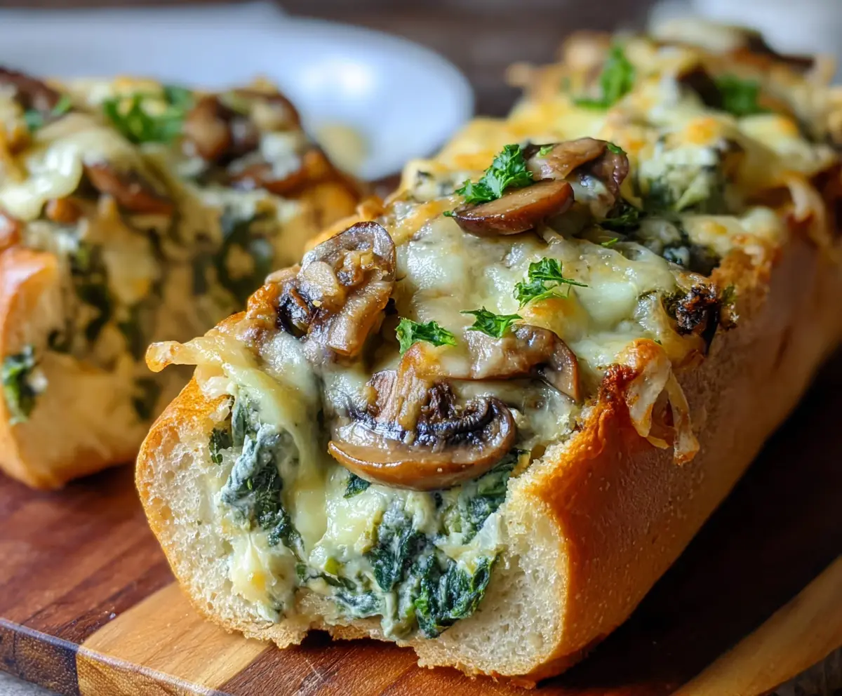 Delicious Cheesy Spinach Artichoke and Mushroom Stuffed Baguette ready to serve