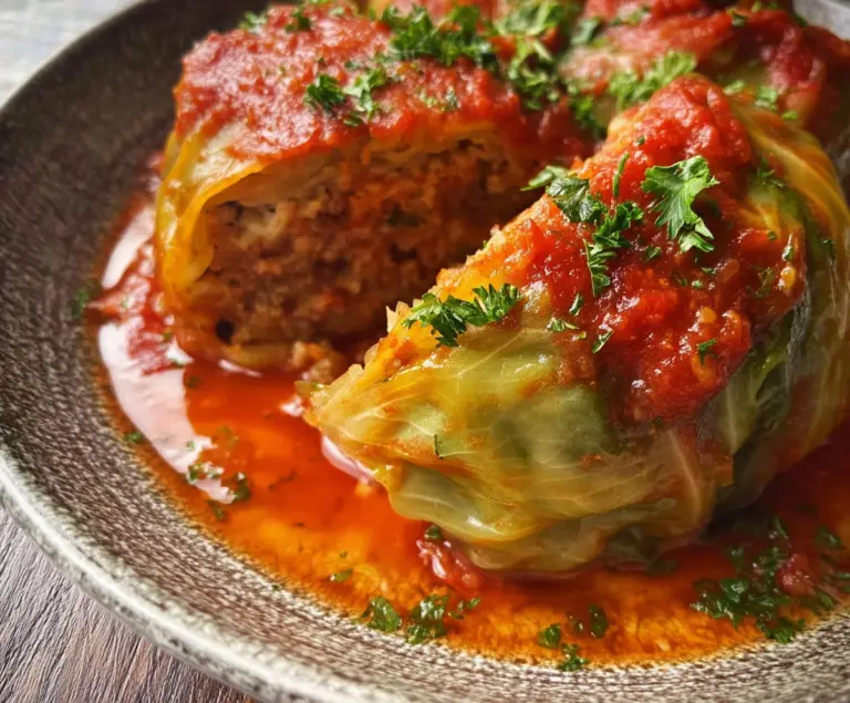 Delicious classic stuffed cabbage rolls with savory filling on a plate.