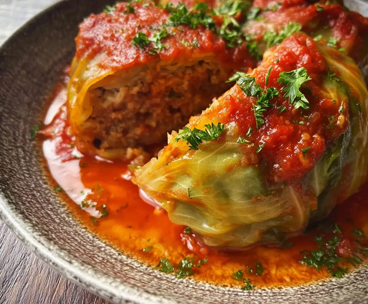 Delicious classic stuffed cabbage rolls with savory filling on a plate.