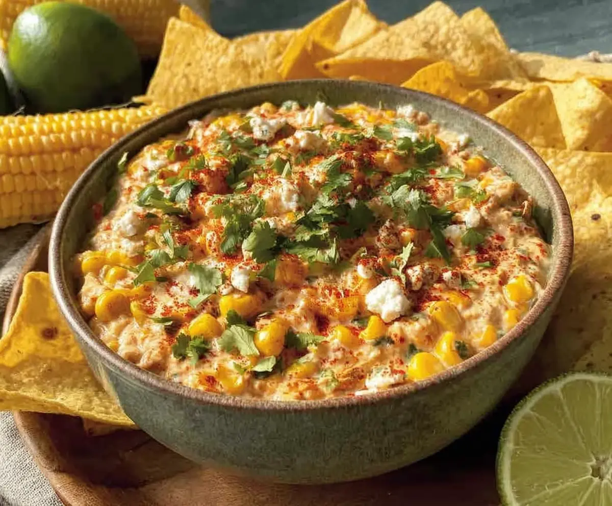Creamy chipotle corn dip served with tortilla chips, perfect for snack or party appetizer