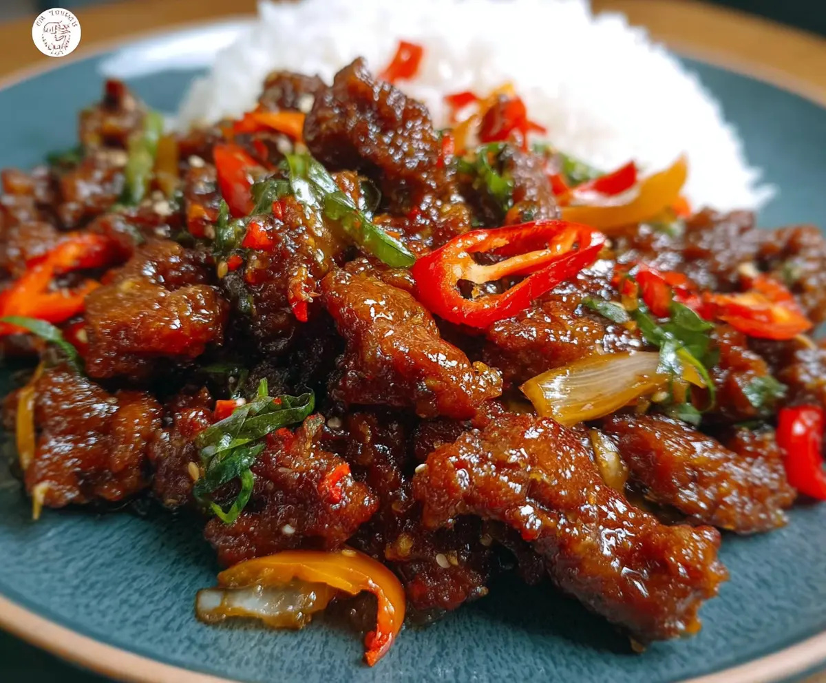 Delicious crispy chilli beef stir-fry with sweet chilli sauce served on a plate.