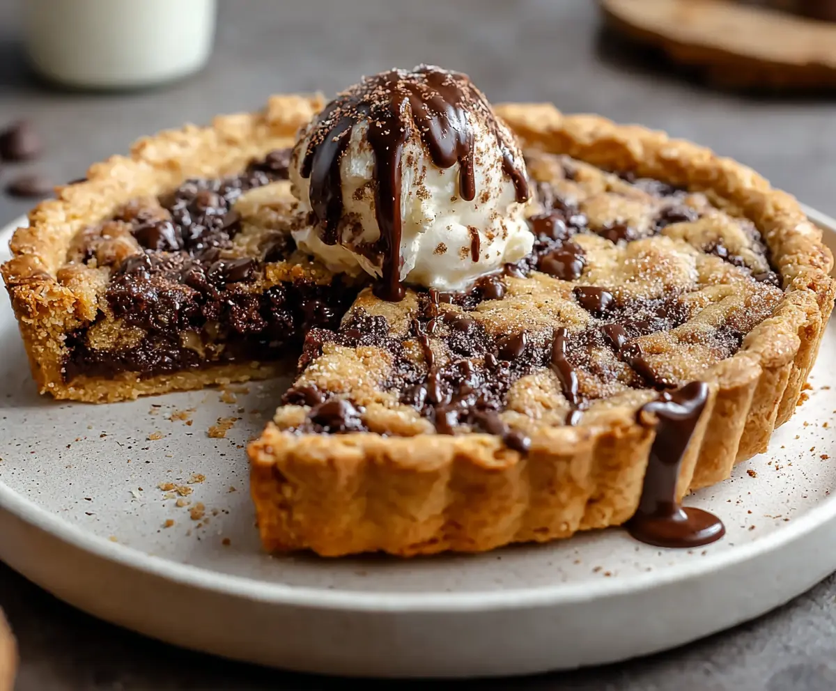 Delicious easy chocolate chip cookie pie served on a plate with melted chocolate and crispy edges.