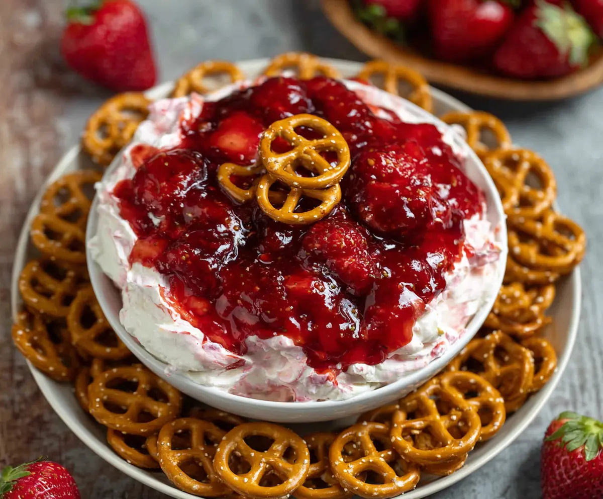 Delicious easy strawberry pretzel salad dip in a bowl with fresh strawberries and pretzels.