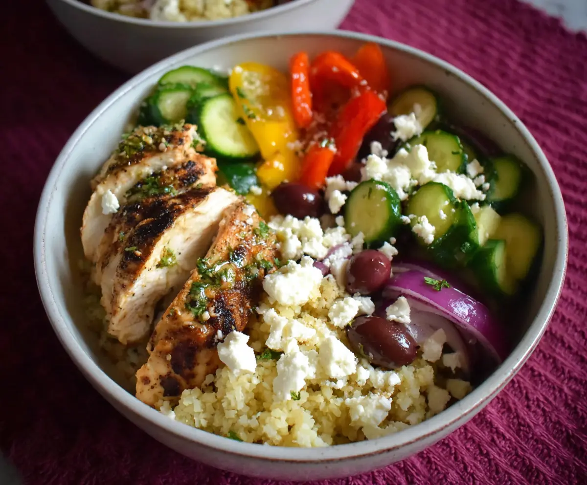 Fresh Greek Chicken Bowls with grilled chicken, fresh vegetables, and creamy tzatziki sauce served in a bowl.