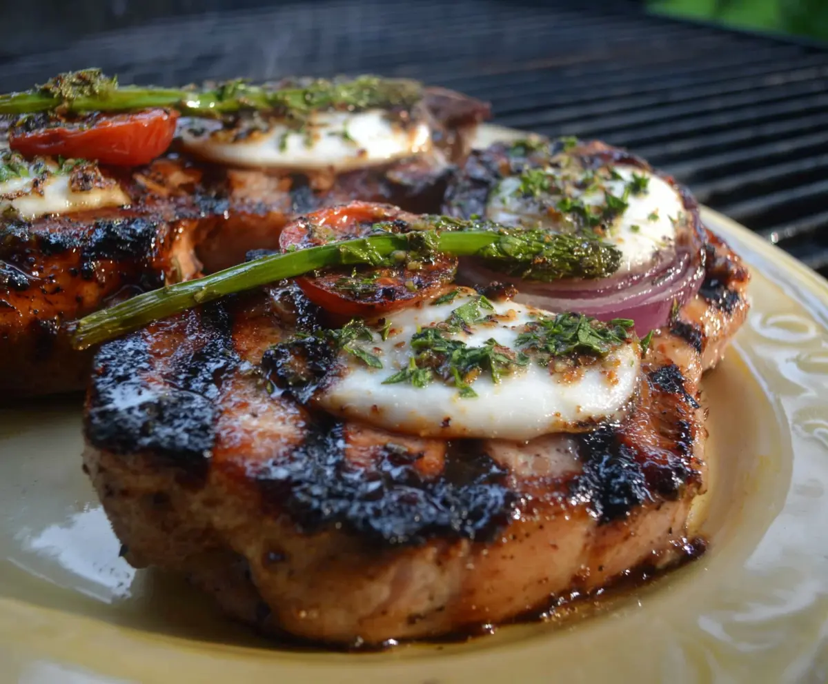 Juicy grilled Italian pork chops with herbs and spices ready to serve