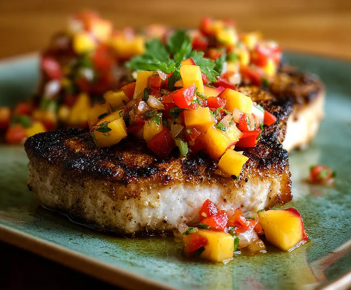 Juicy grilled pork chops topped with vibrant nectarine salsa, served on a white plate.
