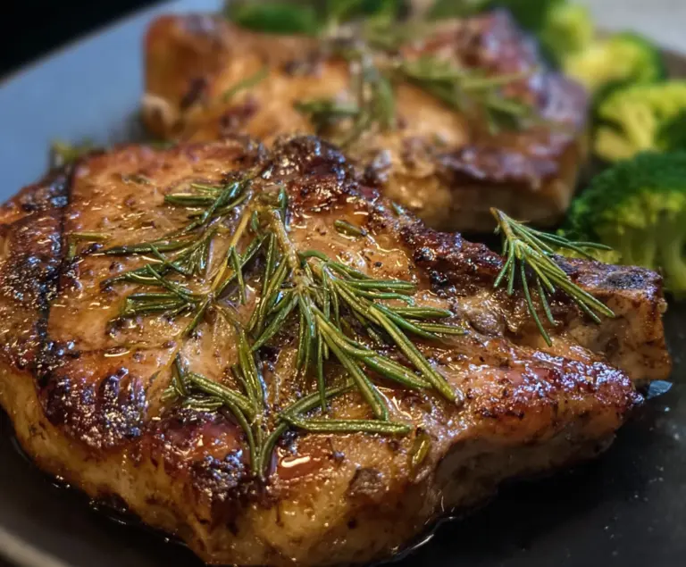 Juicy grilled rosemary pork chops served with fresh herbs on a plate.