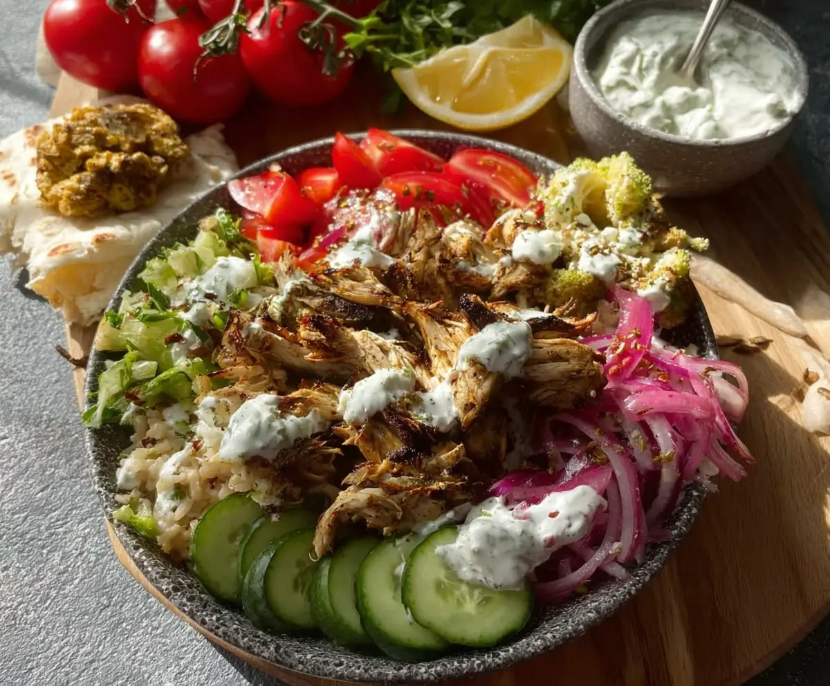 Healthy chicken shawarma bowls with fresh vegetables and flavorful spices for a nutritious meal.