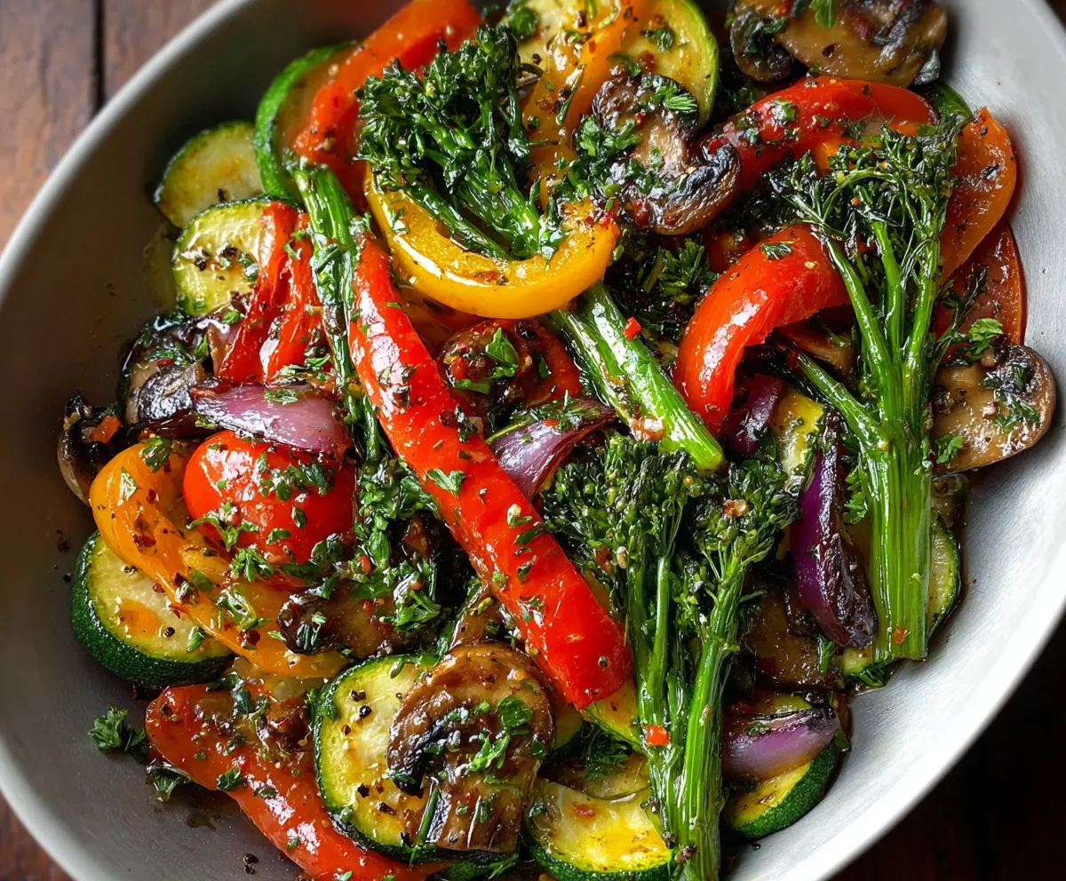 Colorful sautéed vegetables with broccoli, bell peppers, and carrots for a healthy meal.