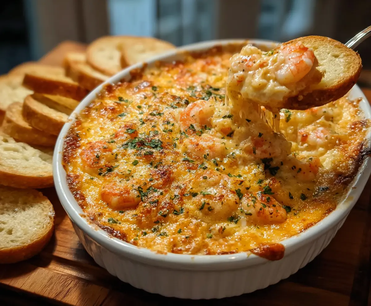 Delicious cheesy shrimp and crab bake dip served with fresh herbs and crispy bread