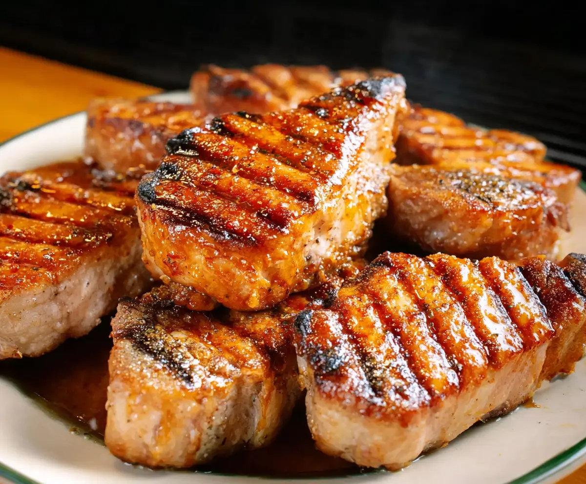 Juicy grilled pork chops served with fresh herbs on a barbecue grill.