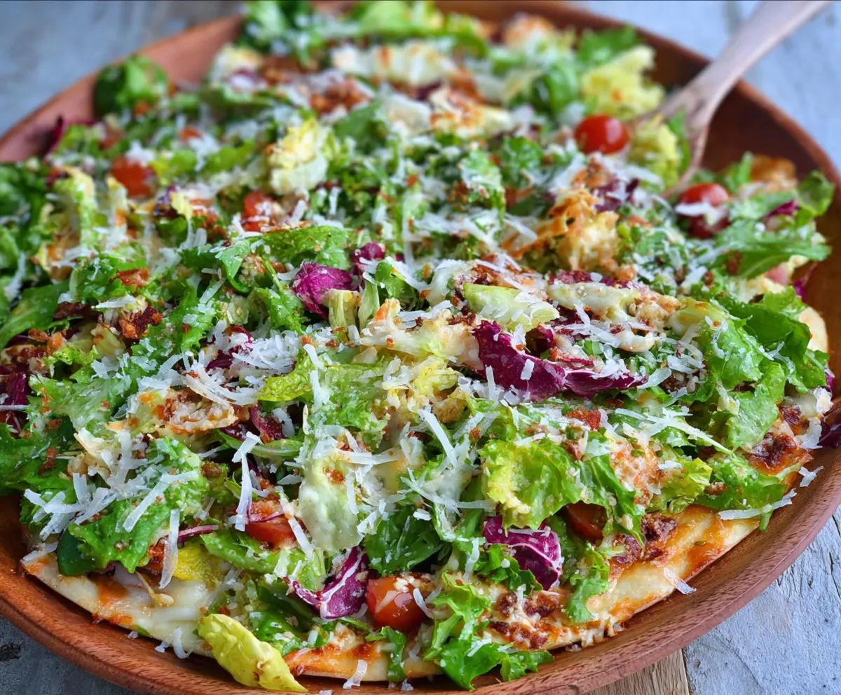 Fresh Pizza Night Salad with colorful vegetables and greens, perfect for a quick, healthy dinner.
