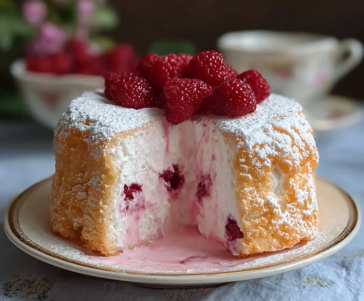Delicious Raspberry Angel Food Cake topped with fresh raspberries and powdered sugar.