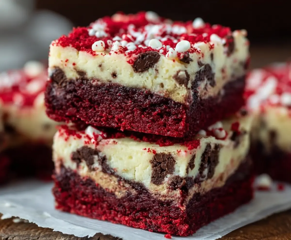 Delicious Red Velvet Chocolate Chip Cheesecake Bars on a plate with a fork, showcasing creamy texture and vibrant red color.