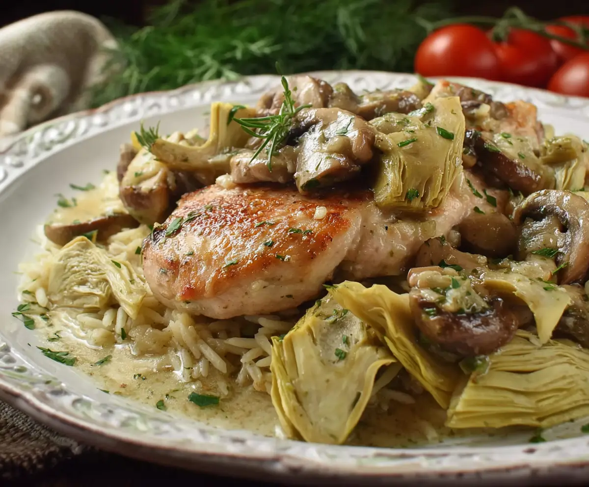 Delicious Romantic Chicken with Artichokes and Mushrooms served on a stylish plate.