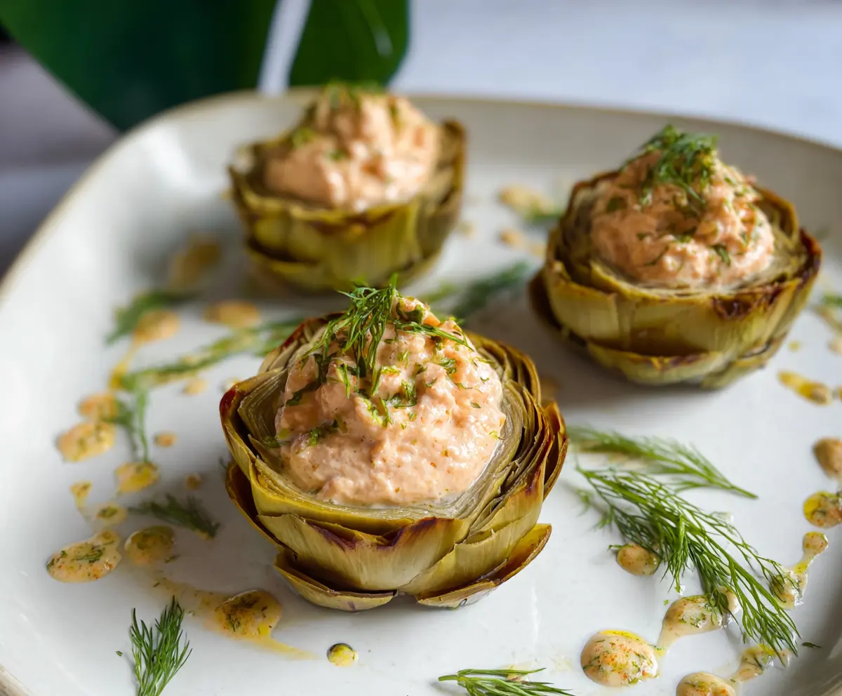 Delicious salmon pâté stuffed artichokes served on a white plate with fresh herbs